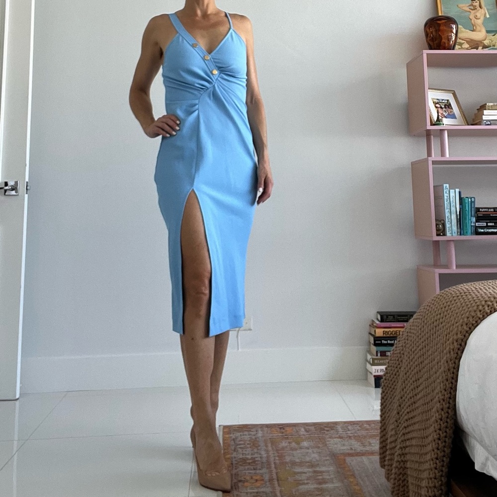 Sandro Midi Thigh Slit Dress - Asymmetric Ruched Top w Gold Rivet Detail